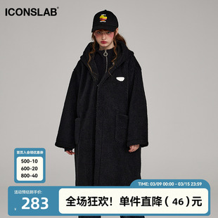 iconslab复合麂皮泰迪绒皮草，中长款宽松休闲保暖连帽厚大衣外套