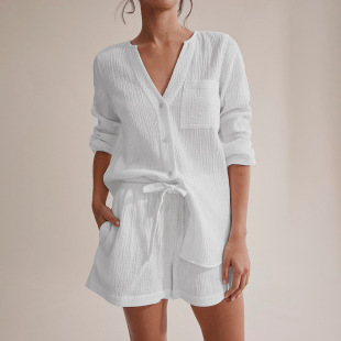 夏季白色长袖空调服法式全棉修身纯色套装欧美ins时尚设计V领女装