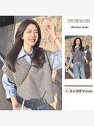 两件套装韩系简约v领灰色短款毛衣背心针织衫马甲，女+蓝色长袖衬衫