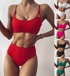 欧美外贸ebay沙滩分体泳衣，纯色比基尼高腰泳装，三角镂空辣妹bikini