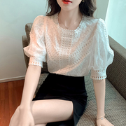 韩国白色蕾丝雪纺衫女夏季薄款2024年泡泡袖洋气小衫超仙短袖