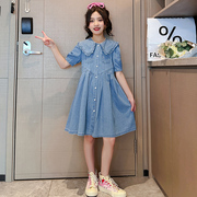 女童娃娃领公主连衣裙2024夏季韩版洋气网红软牛仔裙学院风裙