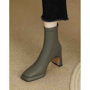 Kmeizu韩版气质~8cm粗跟短靴新潮简约超高跟瘦瘦短筒厚底及踝靴子
