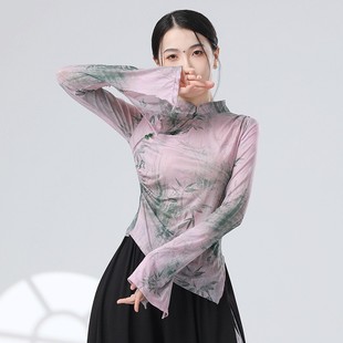 中国新中式古典舞水墨画网纱改良旗袍喇叭袖舞蹈，练功形体服现代舞