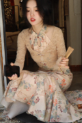 Blovelan毓枫忆婵 新中式复古套装女印花挂脖吊带连衣裙罩衫早秋