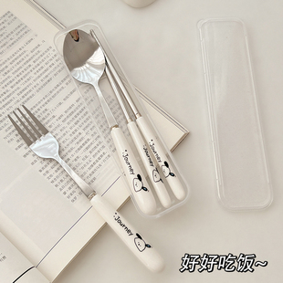 可爱筷子勺子套装一人用叉子，学生不锈钢餐具收纳盒三件套便携儿童