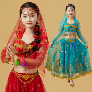 儿童印度舞服装天竺少女演出服，幼儿肚皮舞新疆舞蹈服装长袖套装裙