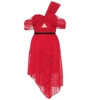英国轻奢红色植绒点点雪纺，荷叶边百褶皱，不规则单肩连衣裙短裙