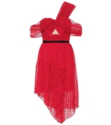 英国轻奢 红色植绒点点雪纺荷叶边百褶皱不规则单肩连衣裙短裙