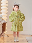 女童睡袍秋冬季女孩宝宝珊瑚，绒儿童睡衣，法兰绒冬款家居服浴袍绿蛙