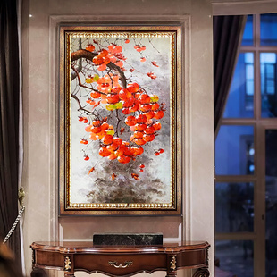 新中式纯手绘油画玄关装饰画客厅现代工笔画走廊挂画事事如意柿子