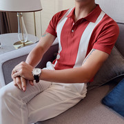 夏季男士冰丝短袖Polo衫韩版修身拼色针织翻领T恤英伦潮男保罗衫