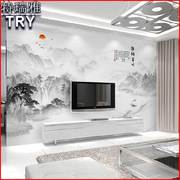 新中式水墨山水电视背景墙壁画，装饰国画茶室客厅沙发壁纸大气墙布