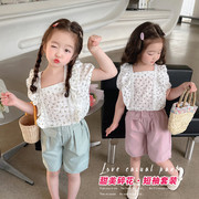 女童套装2024夏季韩版女孩甜美花边镂空衬衫假两件牛仔短裤