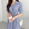 韩国chic夏季时髦气质翻领系扣收腰显瘦泡泡袖条纹衬衫式连衣裙女