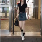 韩国设计师CherryKoko夏季V领黑色修身打底衫蓝色牛仔半身裙