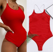 速卖通亚马逊红色连体泳衣性感比基尼女士沙滩纯色一体式泳装