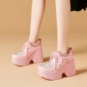 10cm可爱粉色高跟鞋春季真皮水钻，方头单鞋小个子防水台厚底鞋