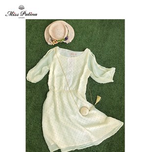 MissPatina英伦复古原创设计 a字雪纺飘逸中袖松紧腰连衣裙夏季
