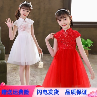 女童旗袍连衣裙夏2024中国风蕾丝蓬蓬裙红色仙美公主裙古筝表演裙