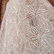 米白色网纱刺绣钉珠亮片花朵，布面料(布面料)婚纱，服装裙子窗帘桌布辅料