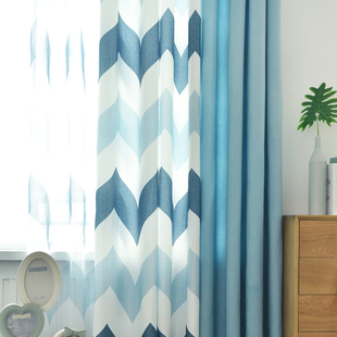 美式北欧风格窗帘成品几何简约现代遮光客厅卧室落地棉麻拼接