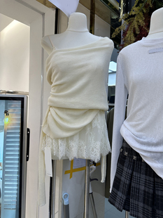 春季韩版修身两件套中款蕾丝吊带连衣裙+一字，肩大翻边针织衫