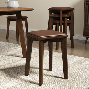 实木家用餐椅可叠放凳子胡桃木色，餐桌椅子木头，板凳高级感餐凳高凳