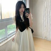 女童夏装法式泡泡袖连衣裙2024中大童高级感白色假两件裙子潮