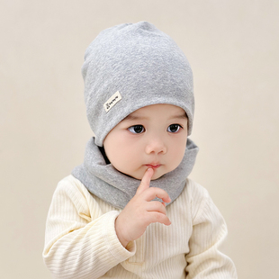 婴儿帽子春秋款套装围脖，两件套宝宝纯棉，男女童婴幼儿套头帽堆堆帽