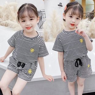 儿童女童韩版夏季套装棉儿童条纹套装女宝宝两件套洋气童装