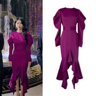 韩剧顶楼千瑞珍金素妍同款紫色荷叶边大码连衣裙，主持黑色礼服809