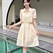 假两件连衣裙夏季韩版修身松紧收腰显瘦衬衣裙小个子甜美丽开衫裙
