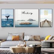 海滩客厅挂画沙发背景墙装饰画，风景大海水晶画中式山水，壁画三联画