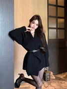 韩国秋冬黑色针织开衫斗篷外套女装中长款毛衣气质慵懒风上衣
