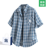 奥特莱斯夏季蓝白格子短袖衬衫外套男士新款潮牌宽松透气翻领衬衣