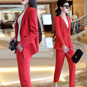 职业套装女大红色西装外套，时尚气质修身名媛小香风2024春装两件套
