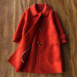 女童毛呢外套秋冬羊毛大衣红色双面呢风衣韩版长款新年服洋气冬装