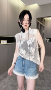 RR fashion 蕾丝镂空T恤女2024夏季设计感纯色圆领套头上衣