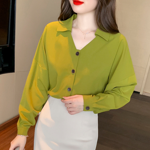 秋冬牛油果绿雪纺衫法式小上衣韩系长袖衬衫女设计感气质衬衣