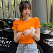 橘色短袖圆领t恤女短款露脐装橙色，简约无印花的桔子，色上衣打底衫