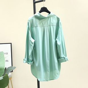 绿色天丝棉衬衫，女中长款2024年简约纯色糖果色薄衬衣休闲上衣