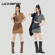 lacrawfish甜酷复古水洗，拼色毛边短袖牛仔，上衣美拉德外套女短款