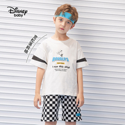 迪士尼男童运动套装夏季儿童短袖两件套男大童夏装洋气男孩格子裤