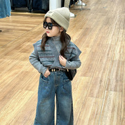 童装冬季韩版洋气v领针织毛线马甲女童高领打底衫时髦牛仔裤套装
