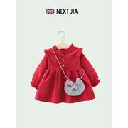 英国nextjia婴儿春秋款女童，长袖裙衫小童装，宝宝打底裙红色拜年服