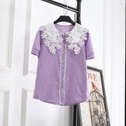 紫色衬衫女夏新设计感小众洋气，韩版宽松百搭娃娃领格子大码胖上衣