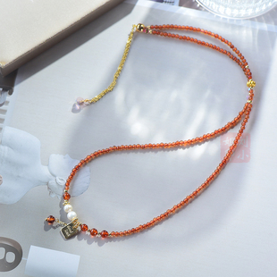 天然橙色石榴石净体三圈手链原创小众 2.8mm极细天然小珠项链两用