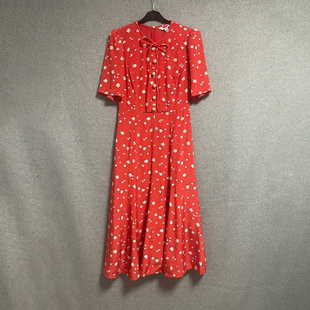 欧美时尚夏季红色碎花真丝短袖收腰甜美法式气质茶歇桑蚕丝连衣裙