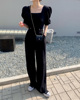 韩国chic方领泡泡袖收腰显瘦高腰休闲裤女春季短袖，连体裤连身裤